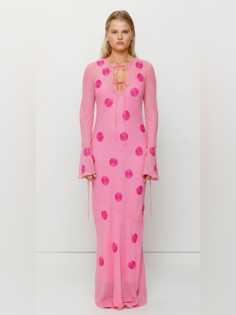 The Wolf Gang Sanja sheer pink beaded maxi dress